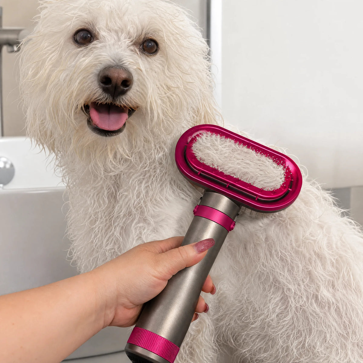 Phon per cani con spazzola in uso su cane bagnato dopo il bagno