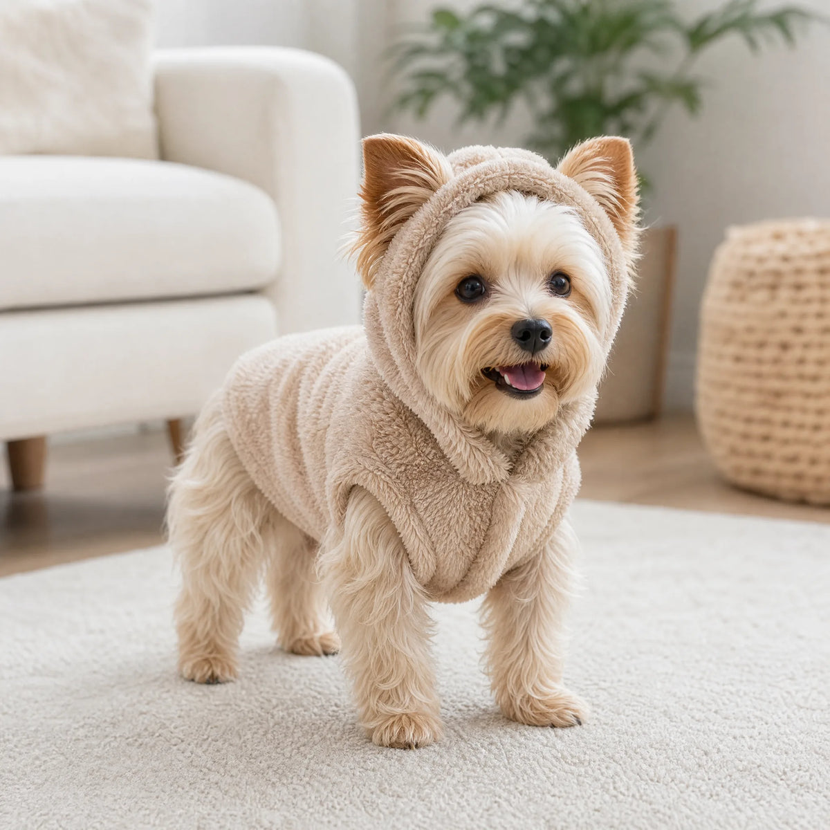 Felpa cane in pile con orecchie - cane indossa la felpa beige
