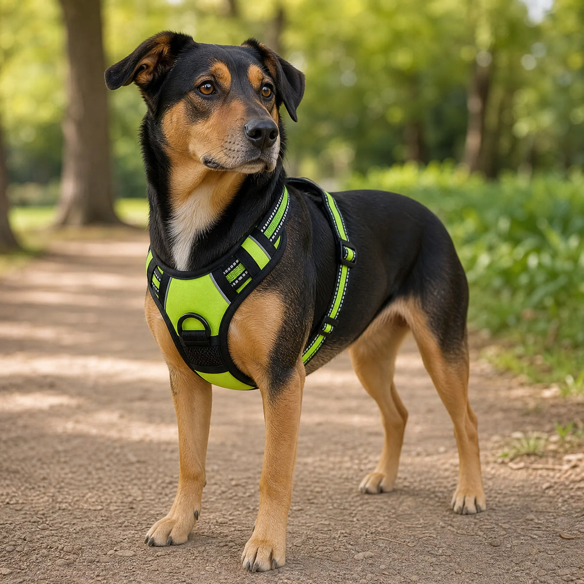 Cane con pettorina gilet soft riflettente verde lime e maniglia