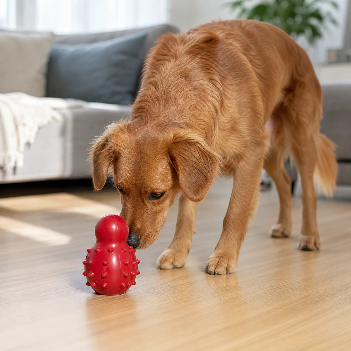 Cane che gioca con il gioco da riempire per cani in gomma naturale