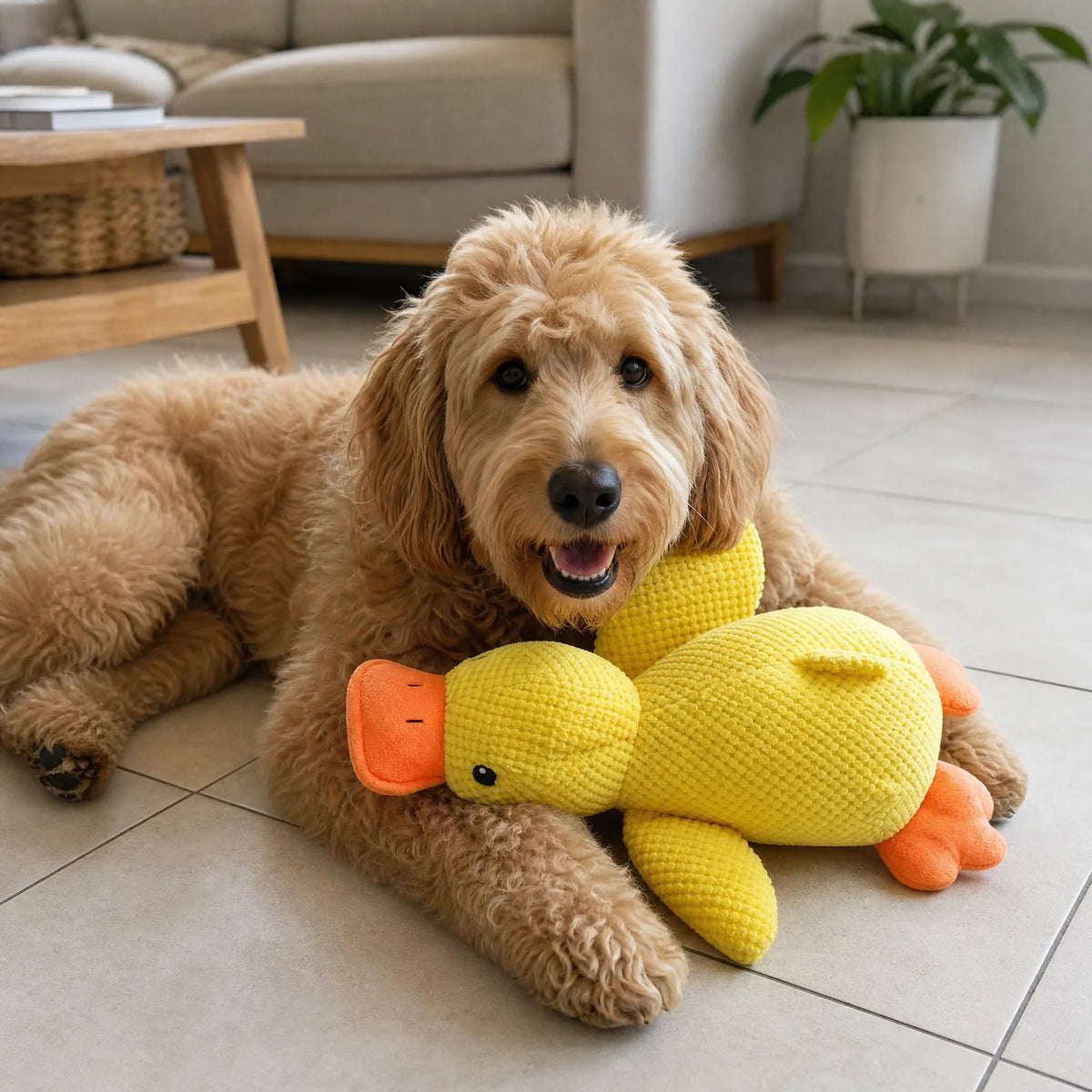 Cane con papera peluche gialla corduroy sul pavimento