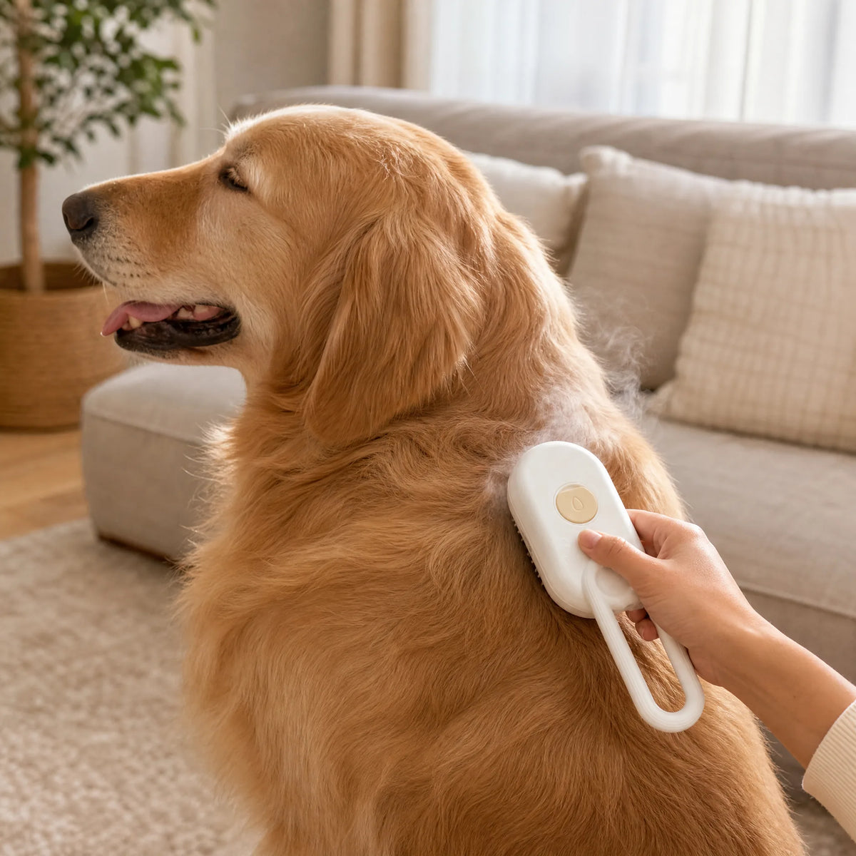 Spazzolata a vapore a un cane in salotto: la spazzola 3-in-1 scorre sul pelo rilasciando vapore
