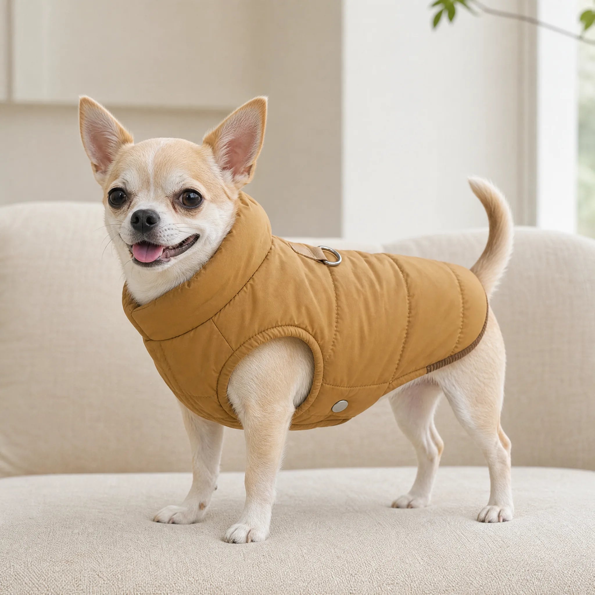 Chihuahua con cappottino impermeabile cammello e fodera pile