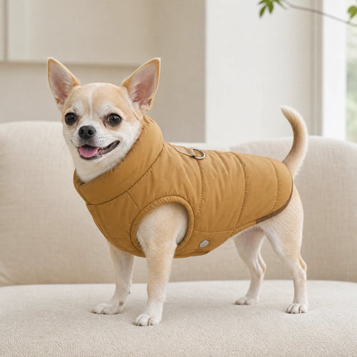 Chihuahua con cappottino impermeabile cammello e fodera pile