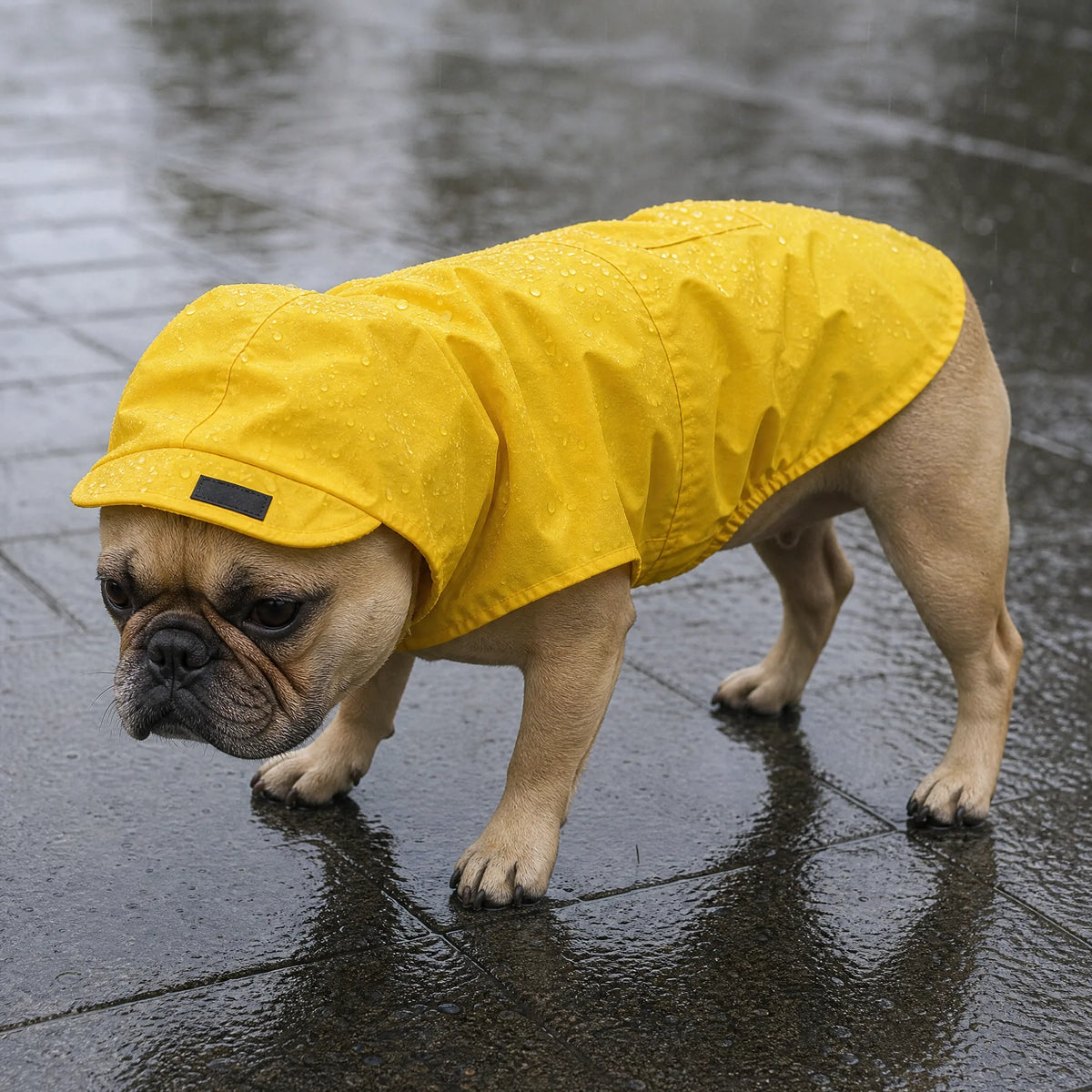 Cane con poncho impermeabile giallo con cappuccio sotto la pioggia