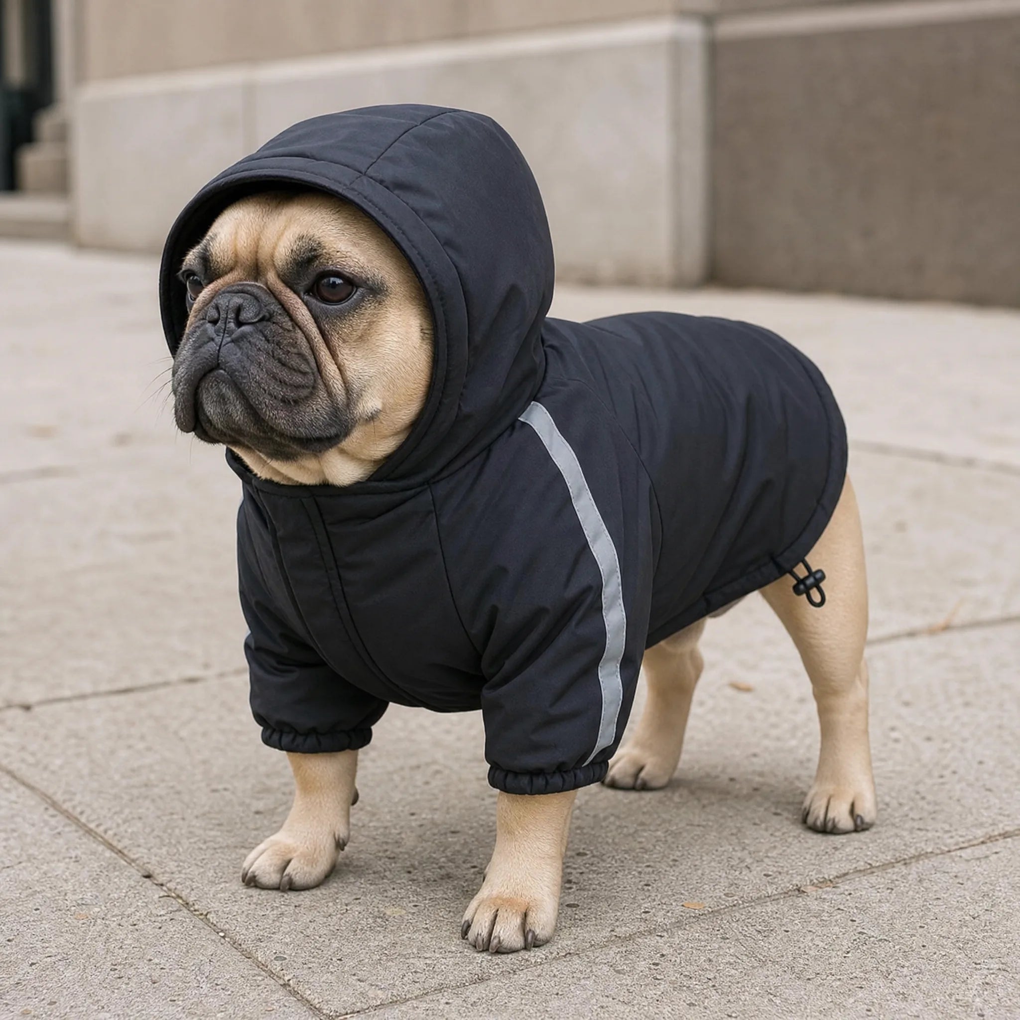 Cane con cappotto impermeabile con cappuccio e pile