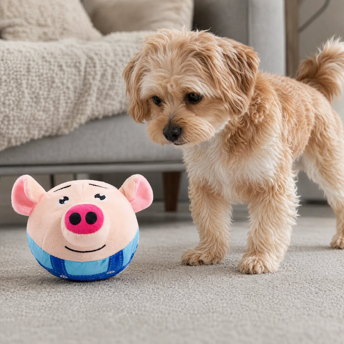Palla cane peluche USB saltellante, cane in salotto