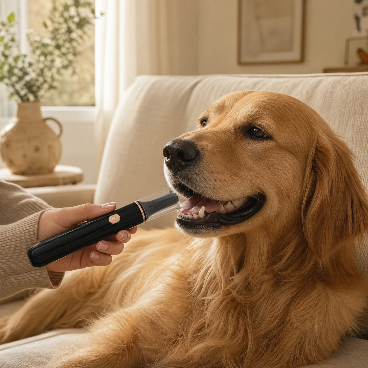 Spazzolino a ultrasuoni per cani con LED - pulizia dei denti a casa sul divano