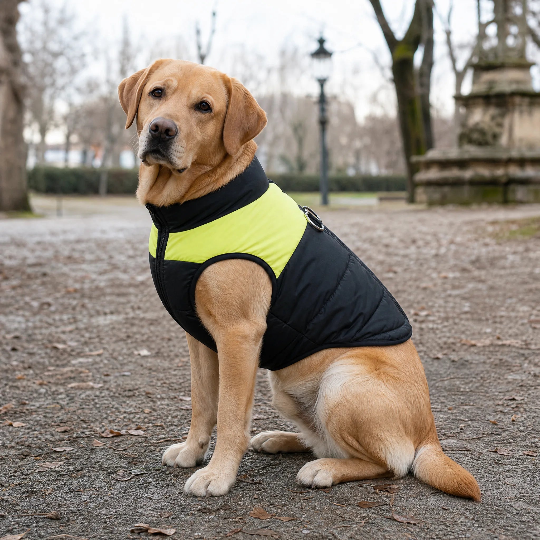 Labrador con giubbotto cane invernale imbottito nero e accento verde lime al parco