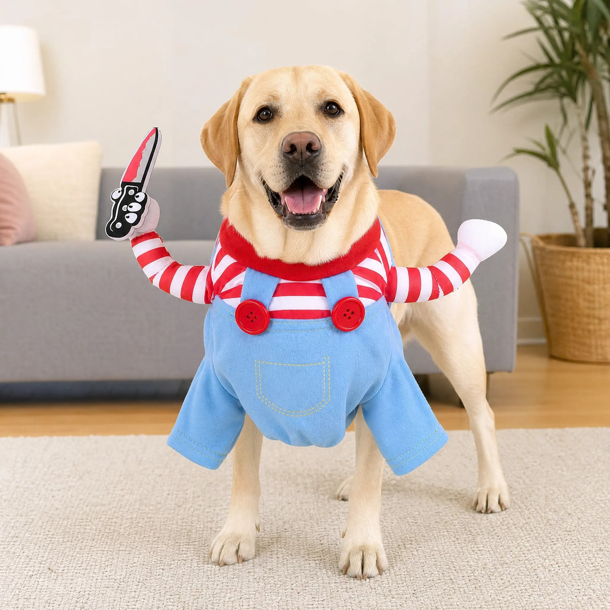Labrador con costume halloween cane coltello finto e braccia a salopette