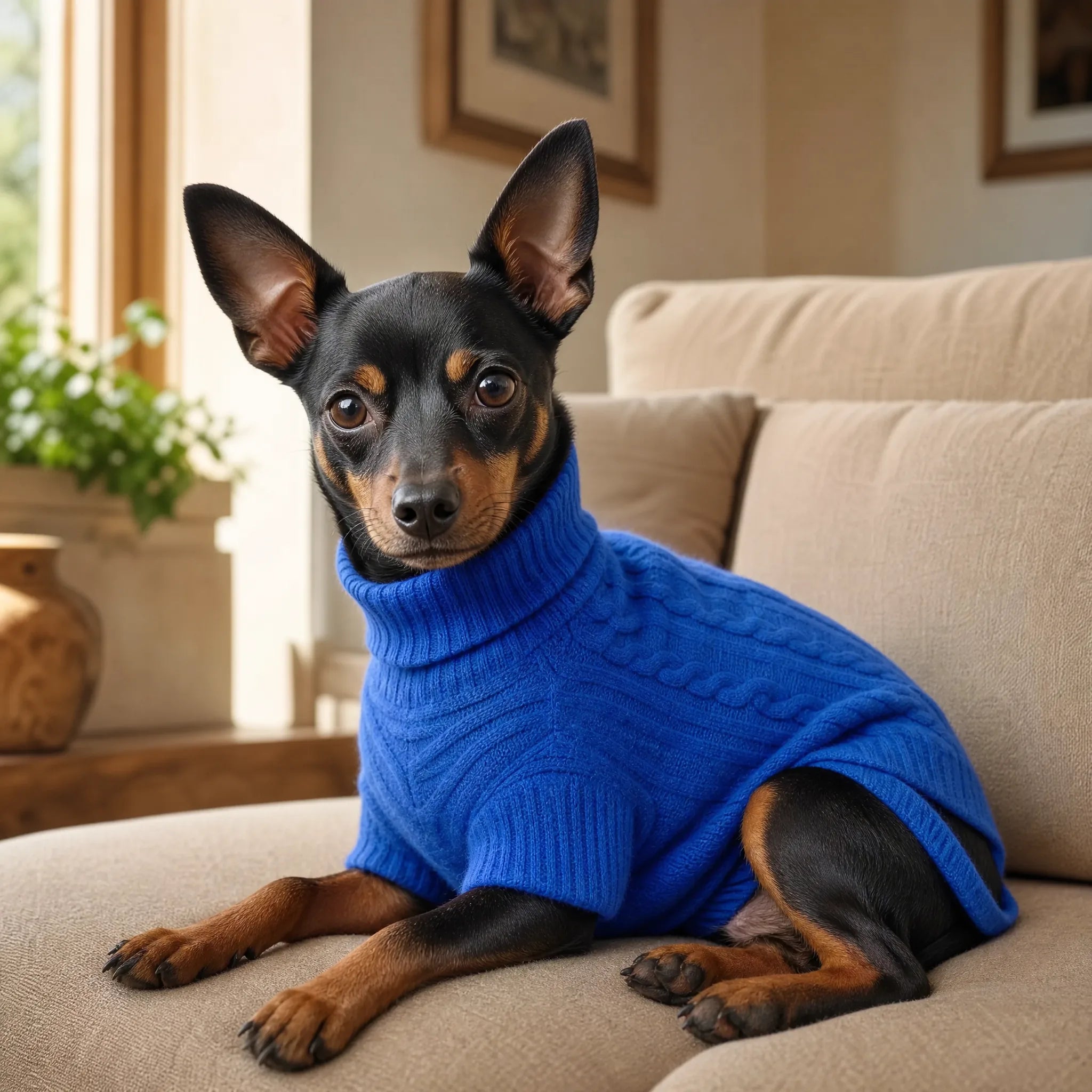 Cane con maglione dolcevita blu a trecce seduto sul divano di casa