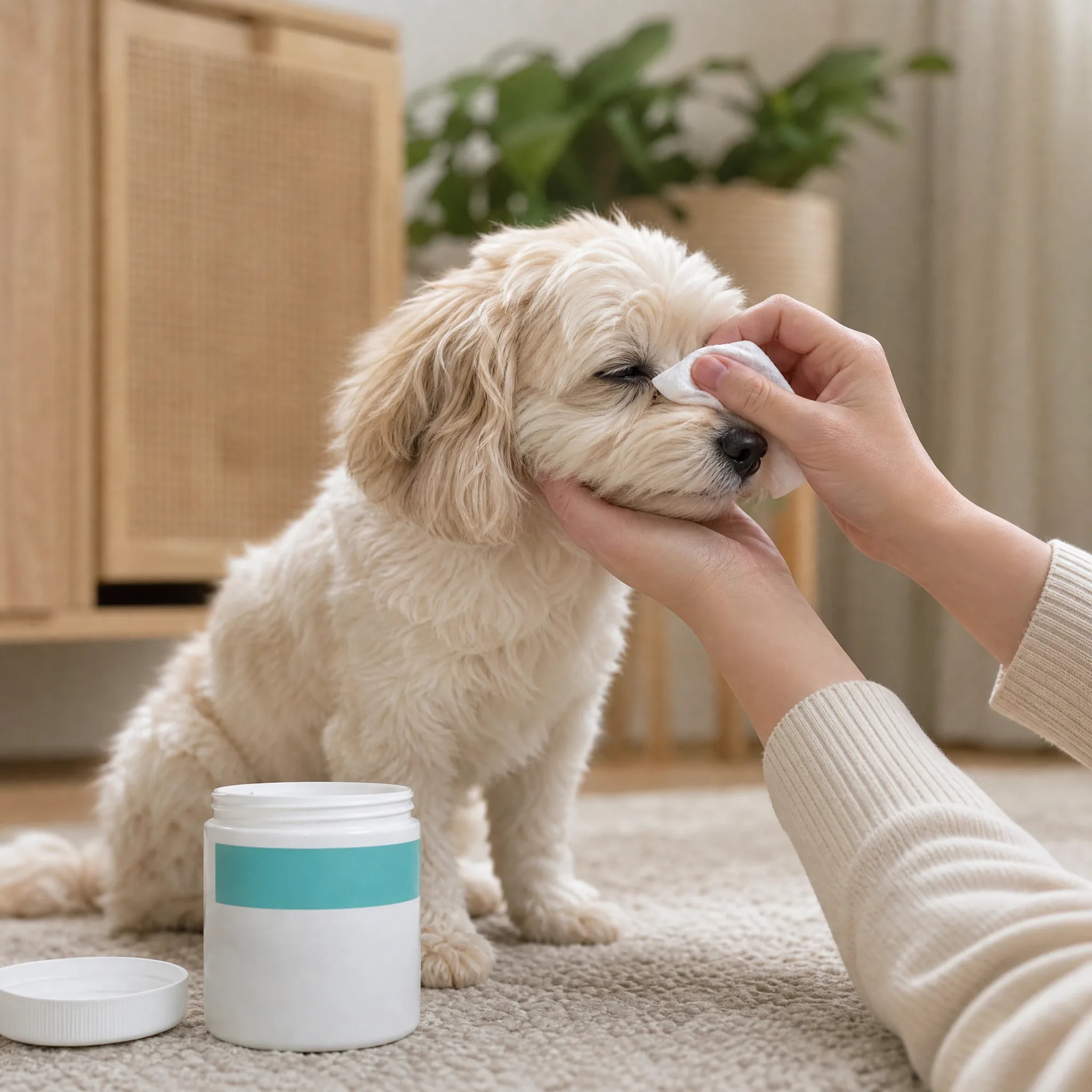 Cane pulito con salvietta Felici Insieme intorno agli occhi