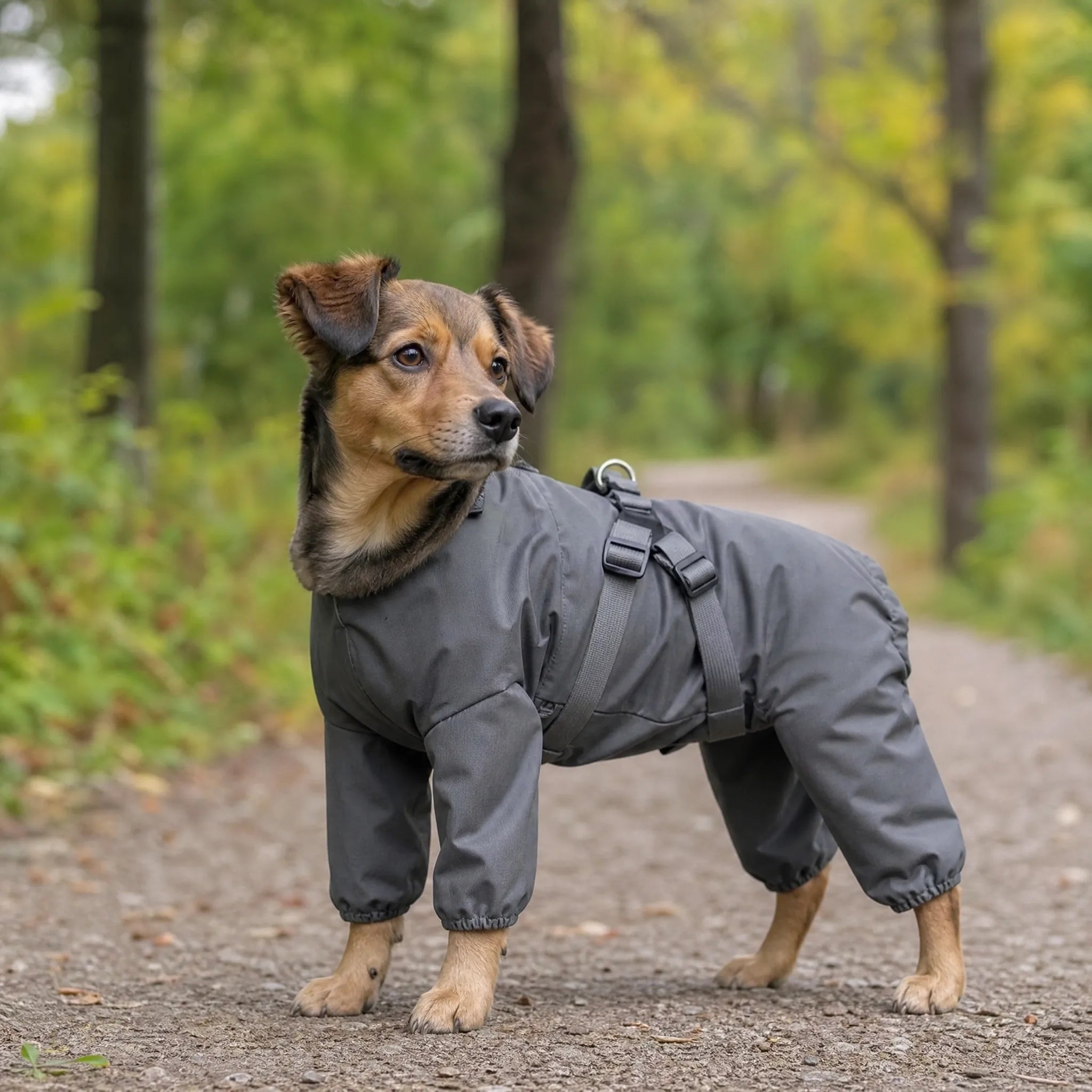 Cane con impermeabile 4 zampe e pettorina integrata grigio all'aperto