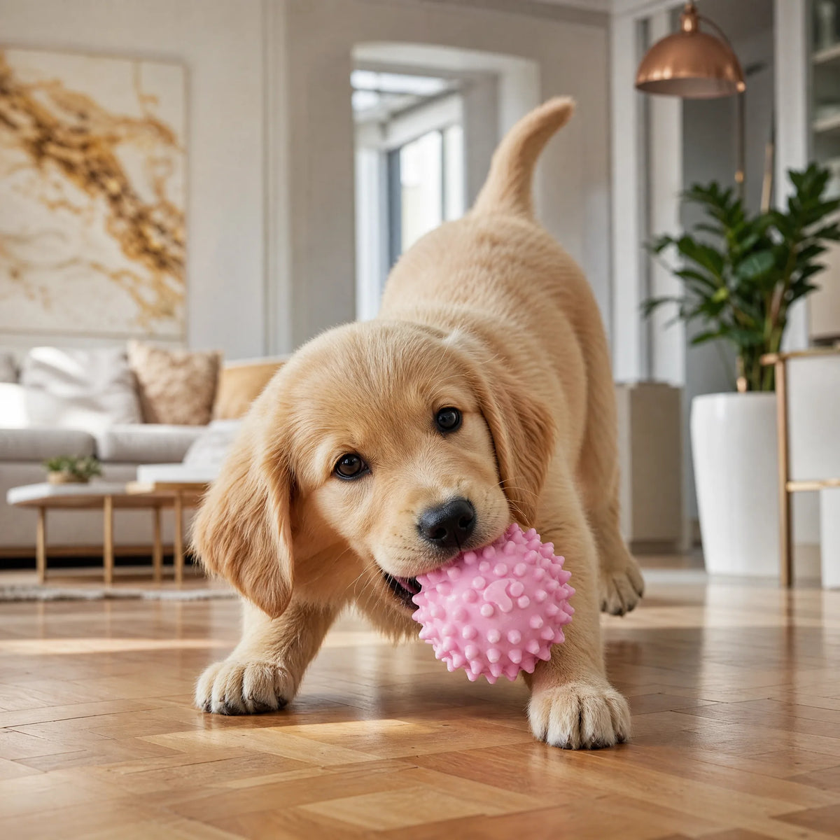 Cucciolo golden retriever morde la palla spinosa rosa del set giochi dentizione in salotto