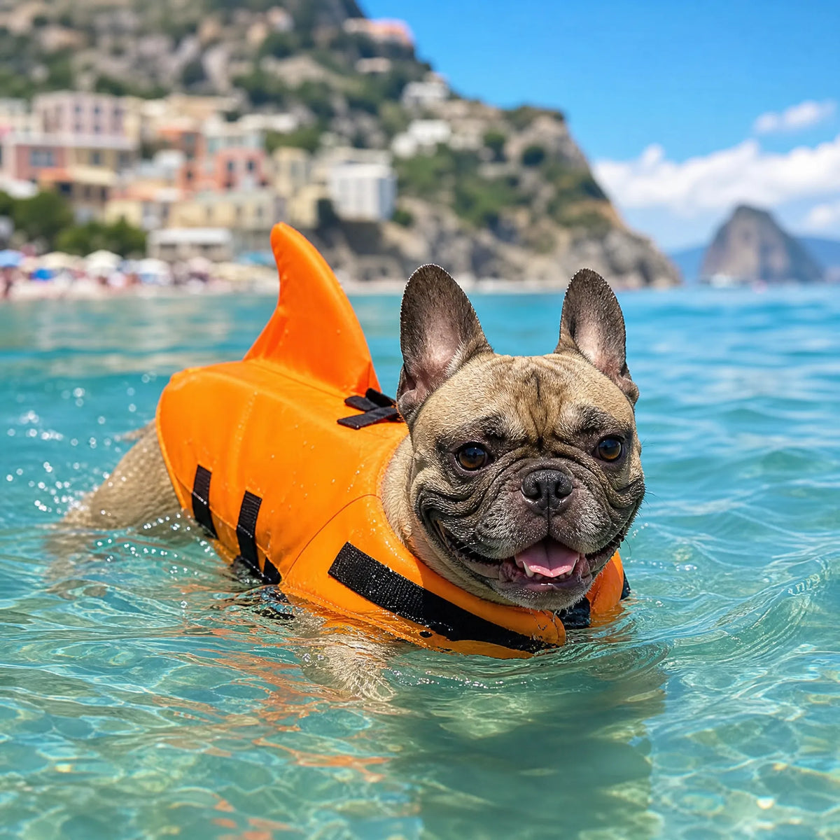 Cane che nuota in mare con giubbotto salvagente per cani squalo arancione