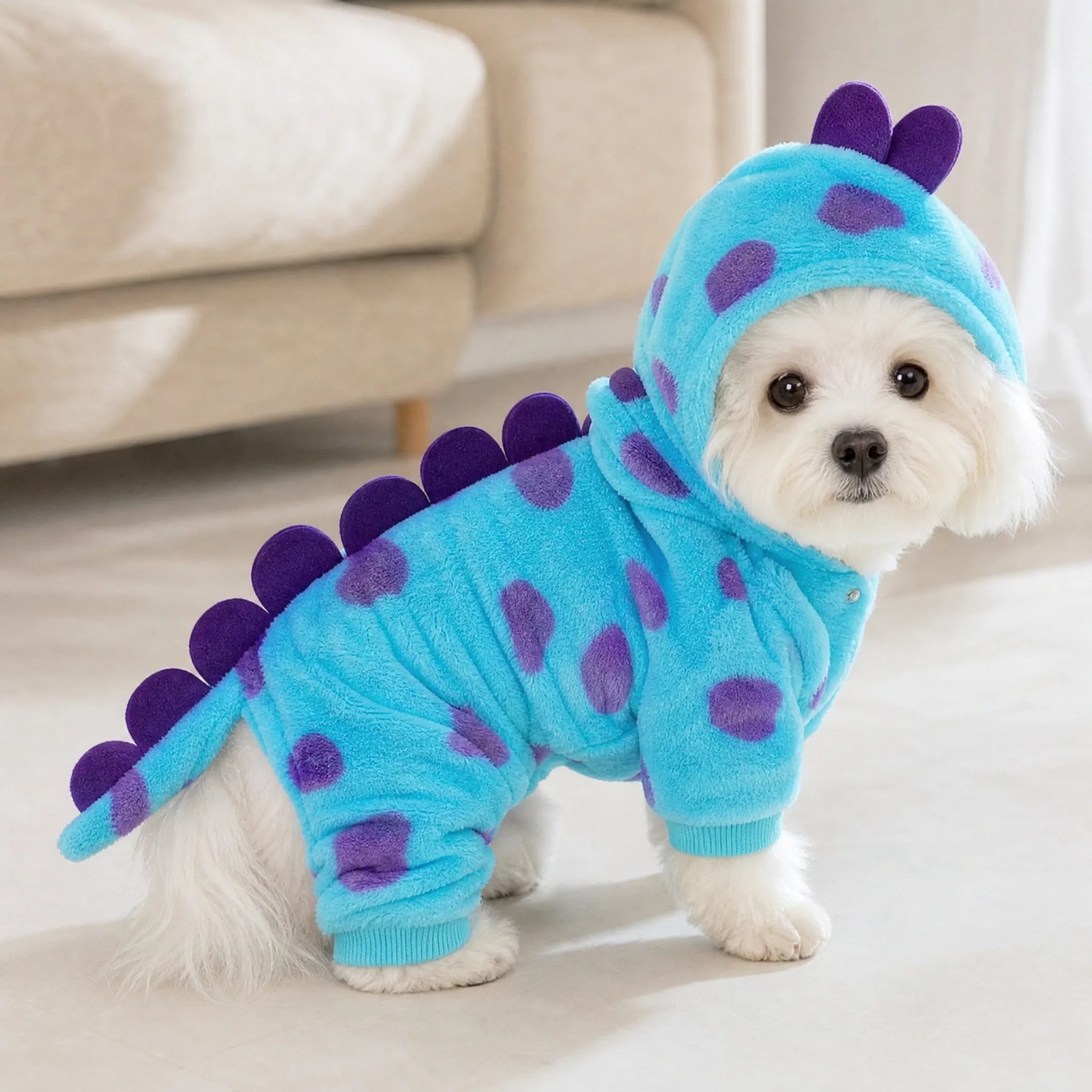 Cane con costume dinosauro in felpa azzurra e cappuccio