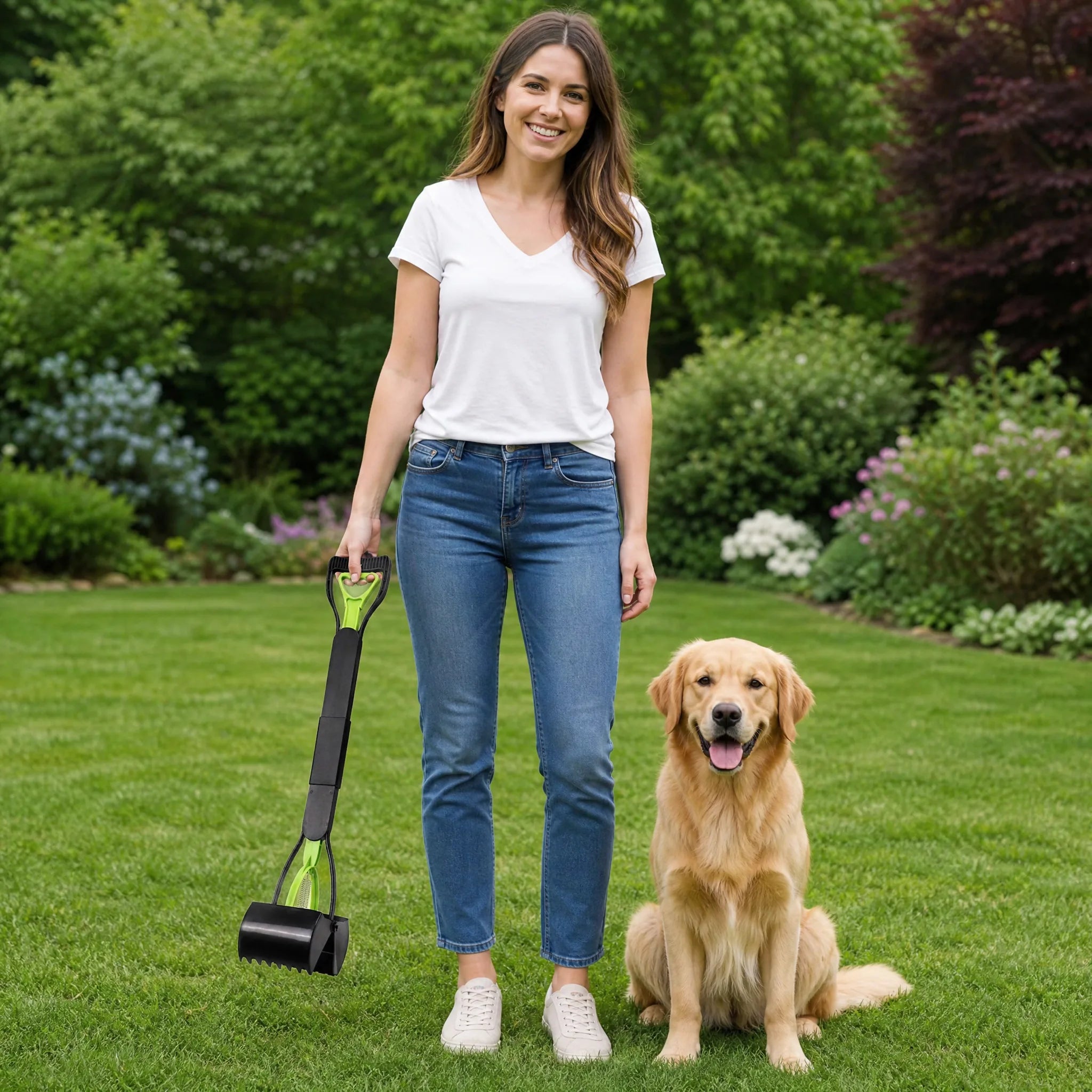 Paletta cacca cane 81 cm in giardino con cane