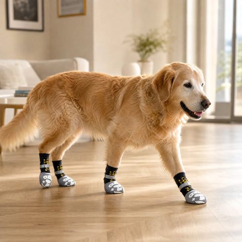 Cane anziano con calze antiscivolo per cani sul parquet di casa
