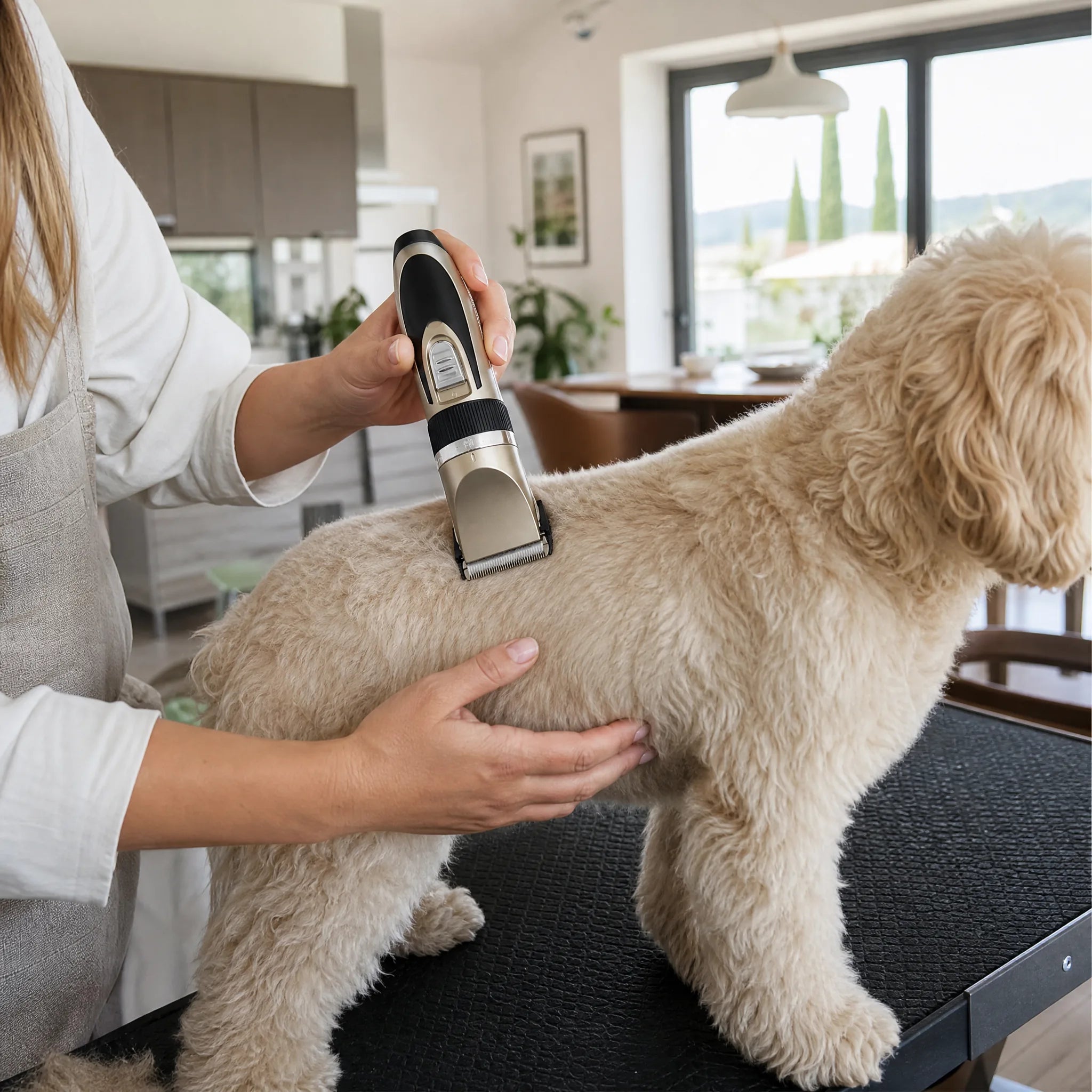 Tosatrice per cani cordless in uso su un cane in casa