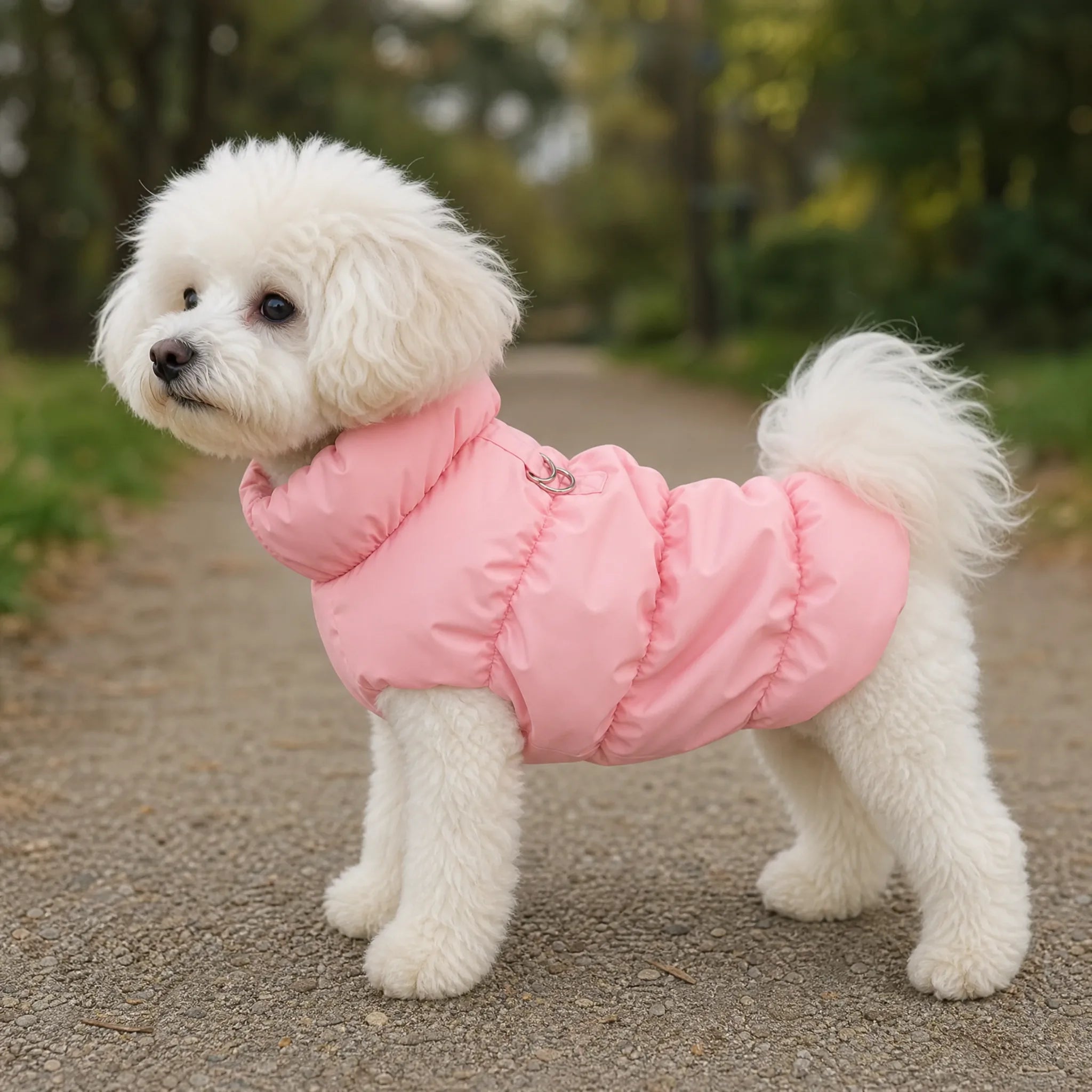 Cane piccolo con piumino smanicato collo alto all'aperto
