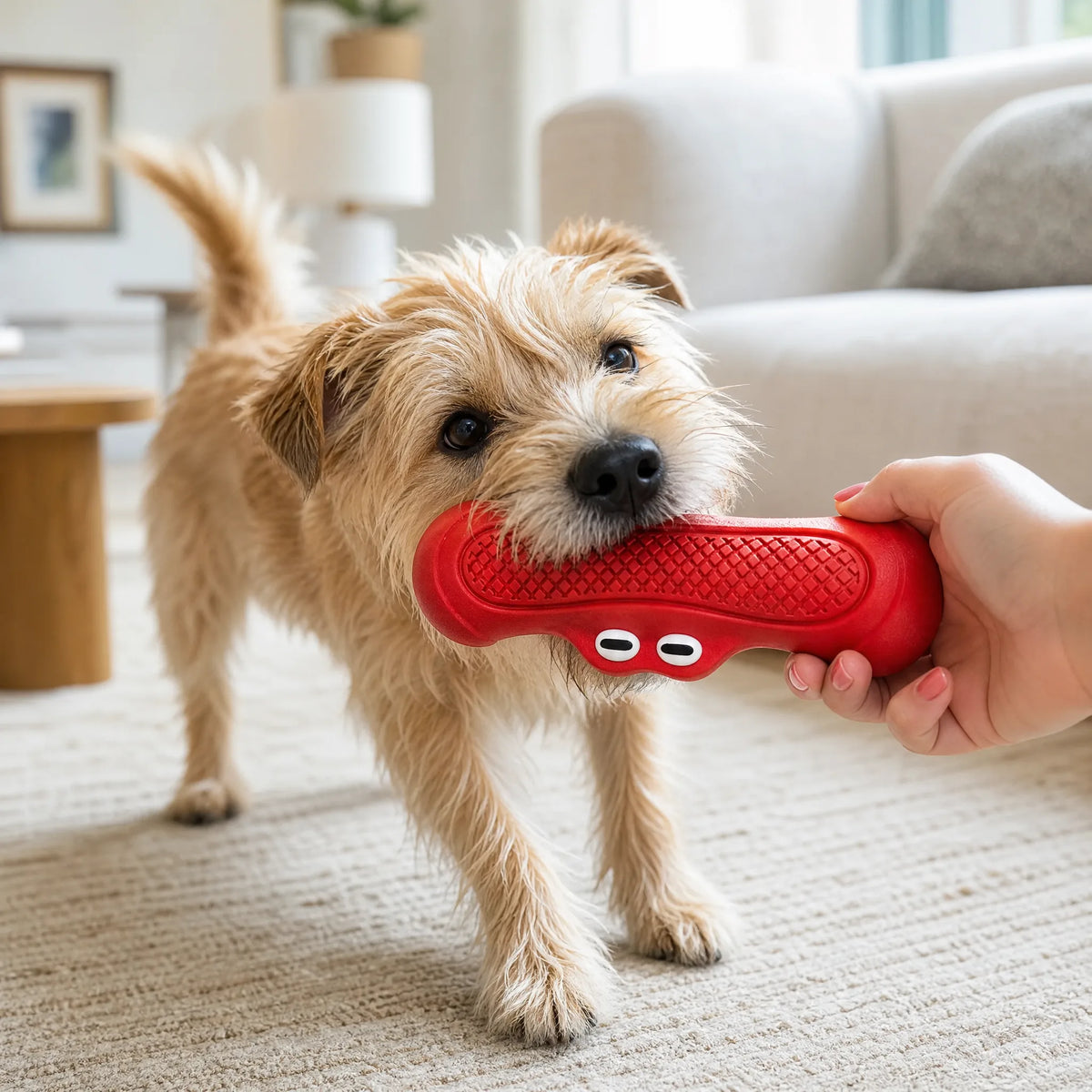 Cane meticcio gioca al tira-e-molla con il coccodrillo in gomma ultra resistente