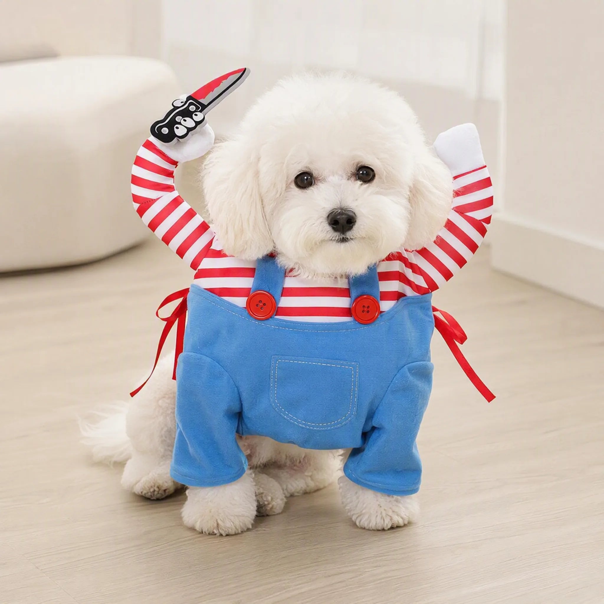 Cane con costume halloween salopette 2 zampe e braccia imbottite