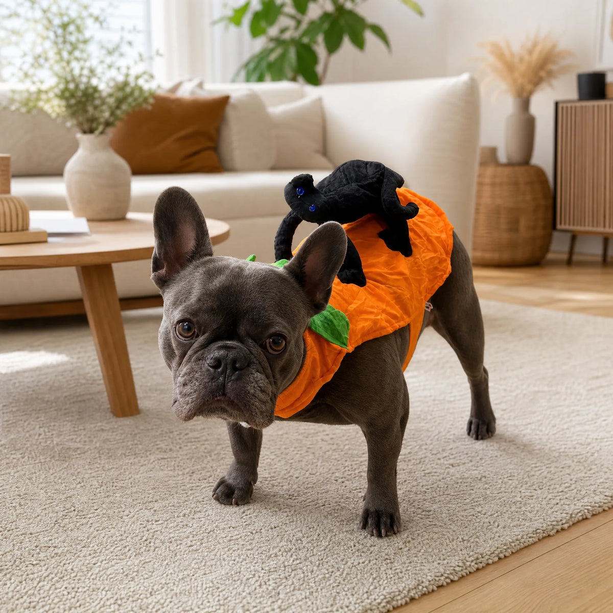 Cane con costume zucca e gatto nero 3D in soggiorno