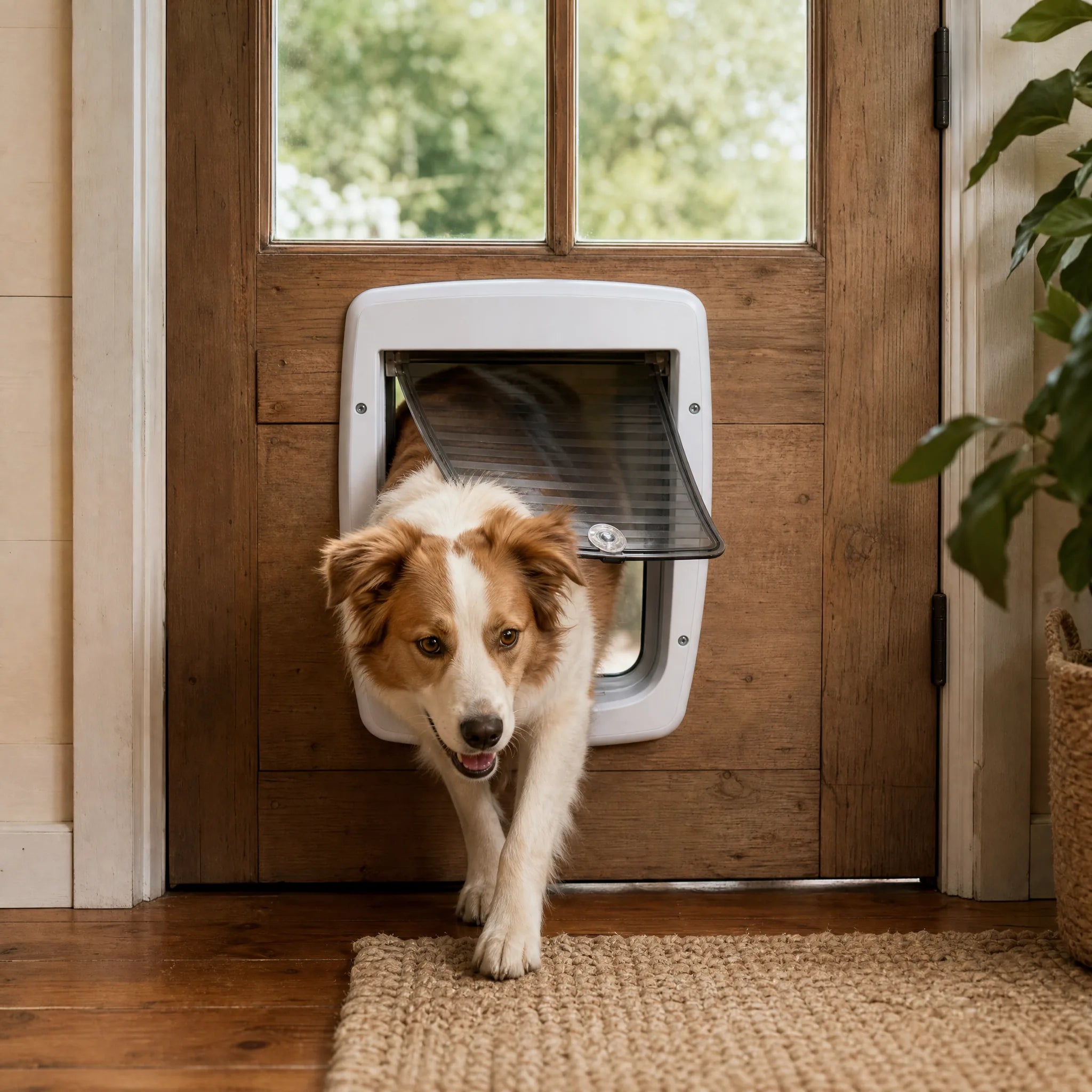 Cane che attraversa la portina basculante per cani installata su porta in legno