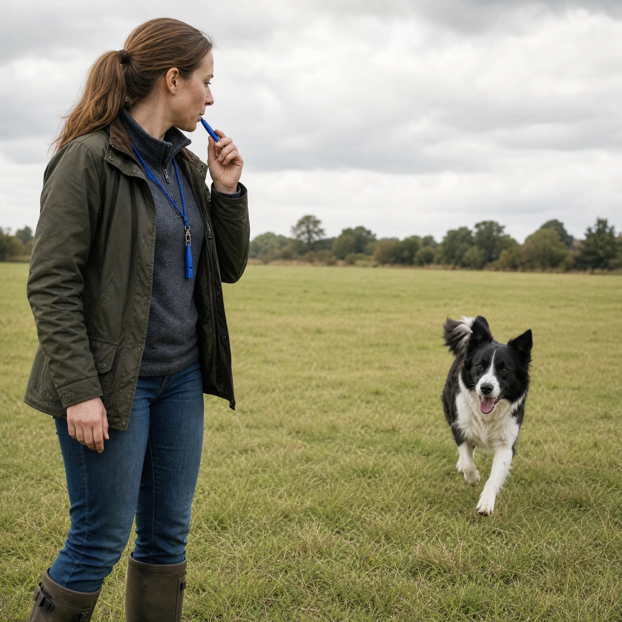 Fischietto per cani a frequenza standard: proprietaria richiama il border collie in campo aperto