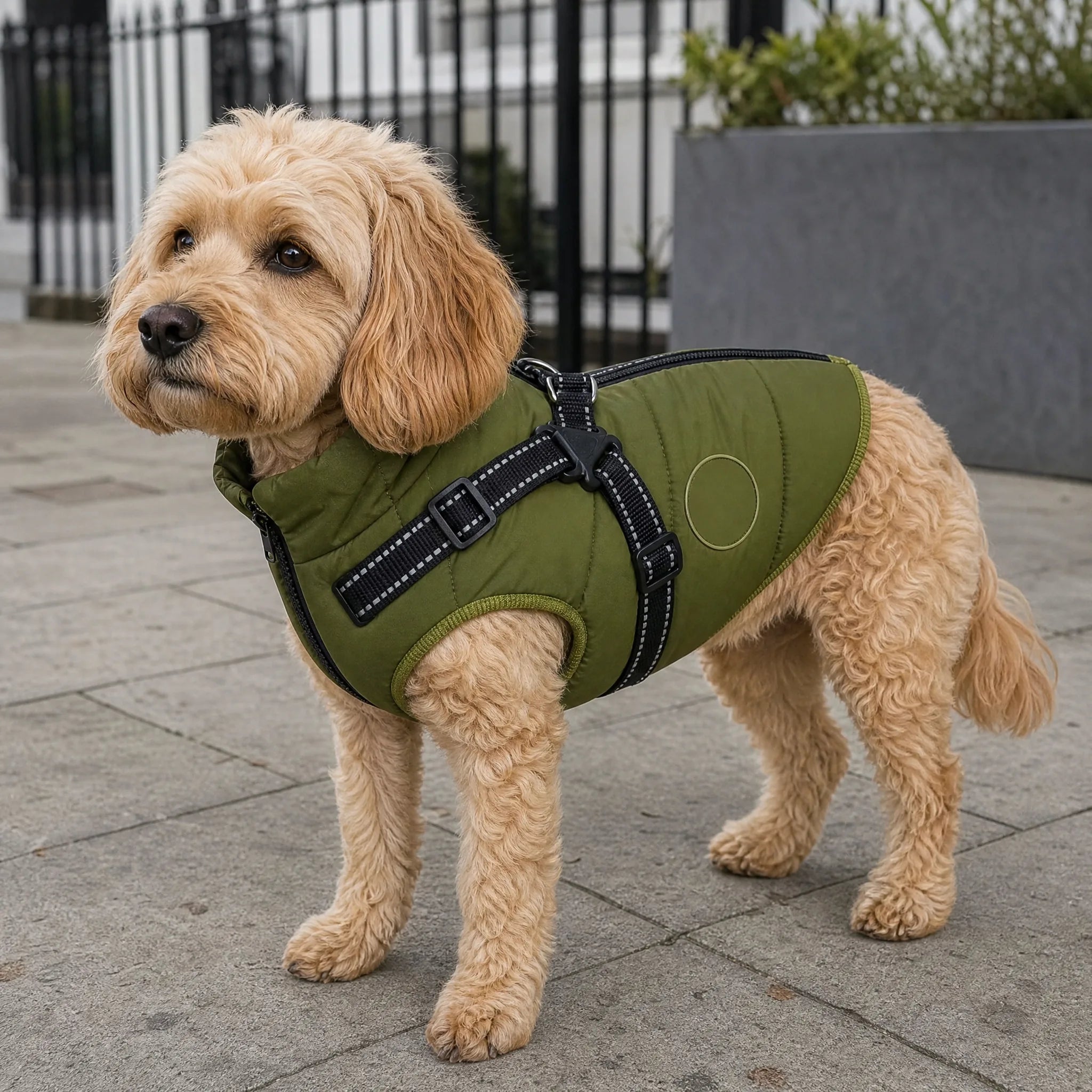 Cappotto cane impermeabile con pettorina indossato — lifestyle