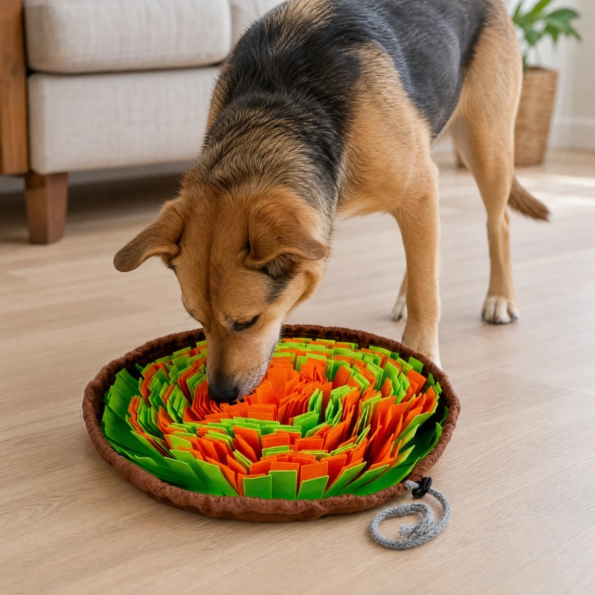 Cane che cerca bocconcini sul tappetino olfattivo in feltro