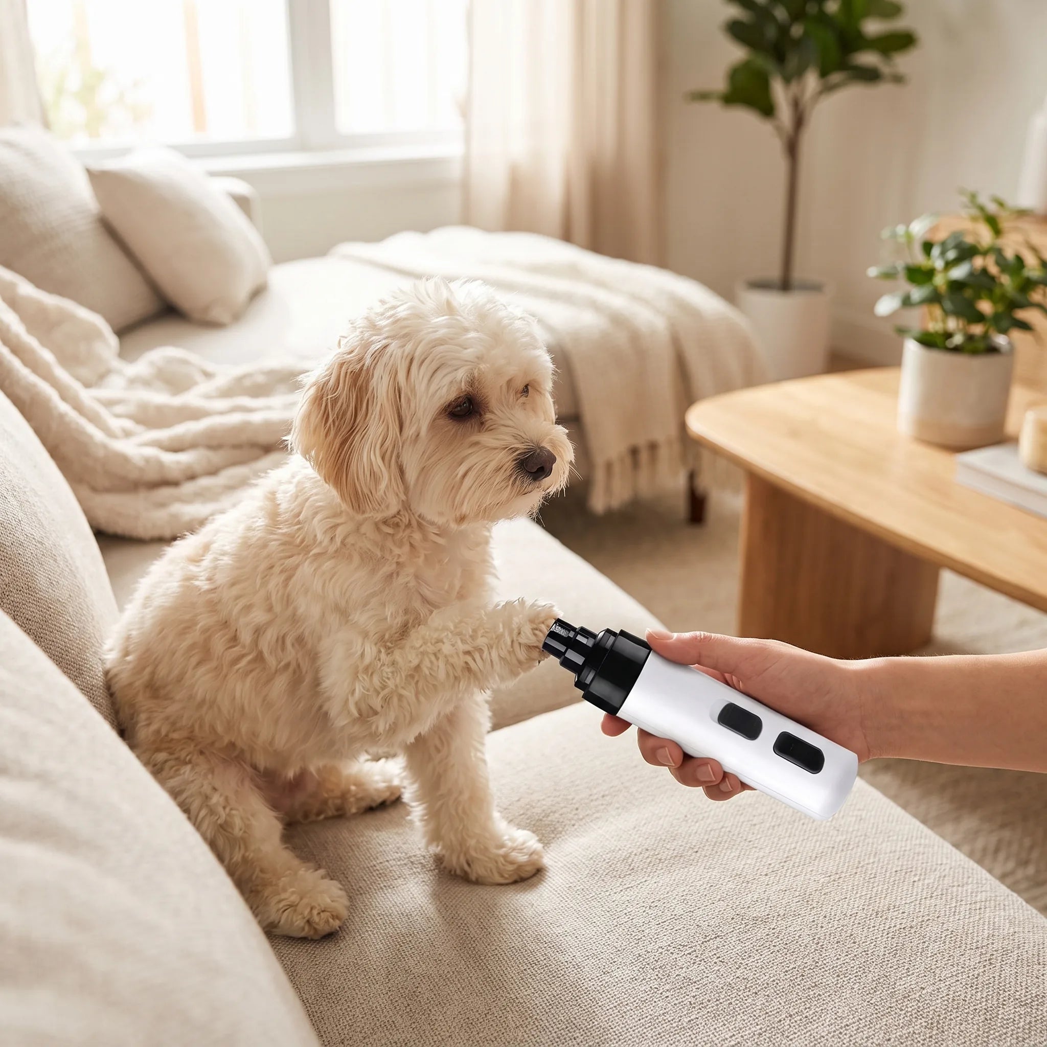 Tagliaunghie elettrico usato su un cane in salotto
