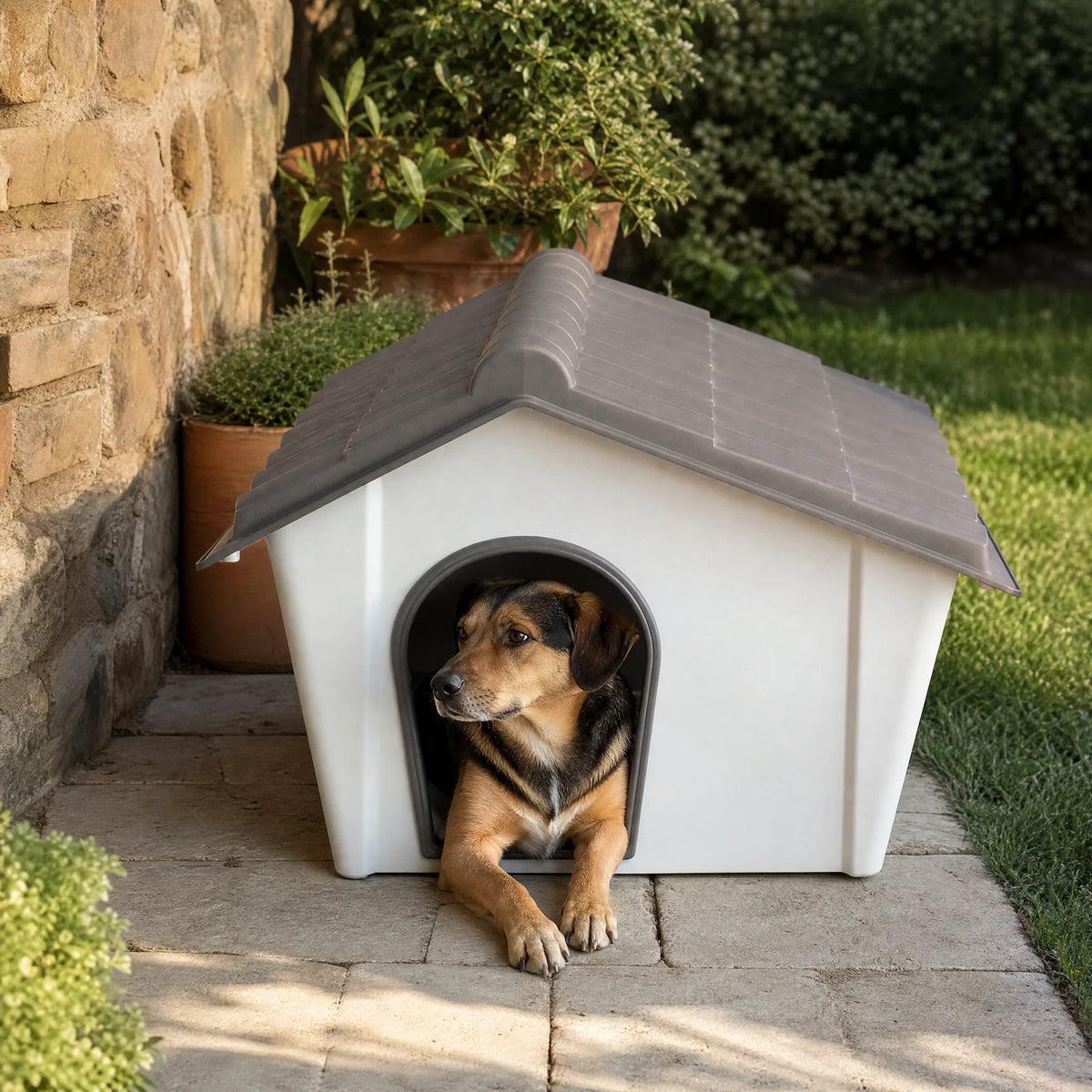 Cuccia in plastica per cani da esterno con cane in giardino