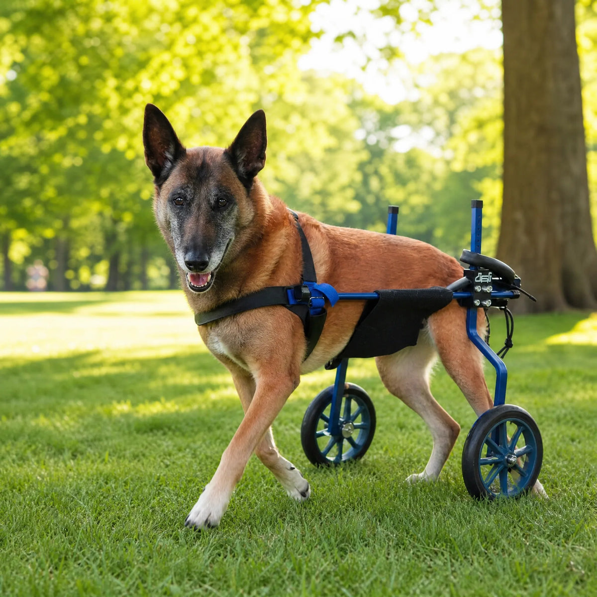 Cane felice cammina con il carrello per cani disabili sul prato del parco