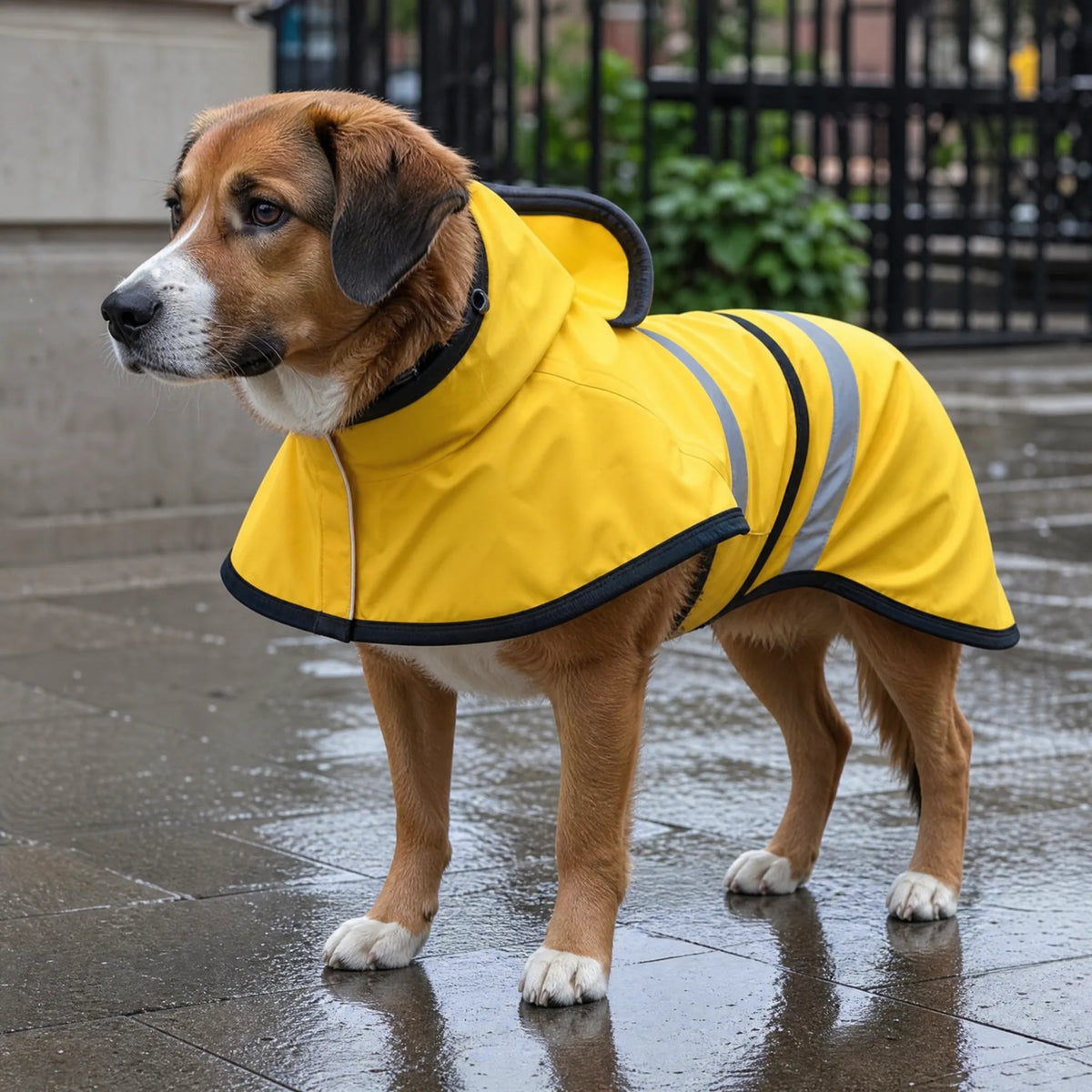 Cane con impermeabile giallo regolabile antivento sotto la pioggia