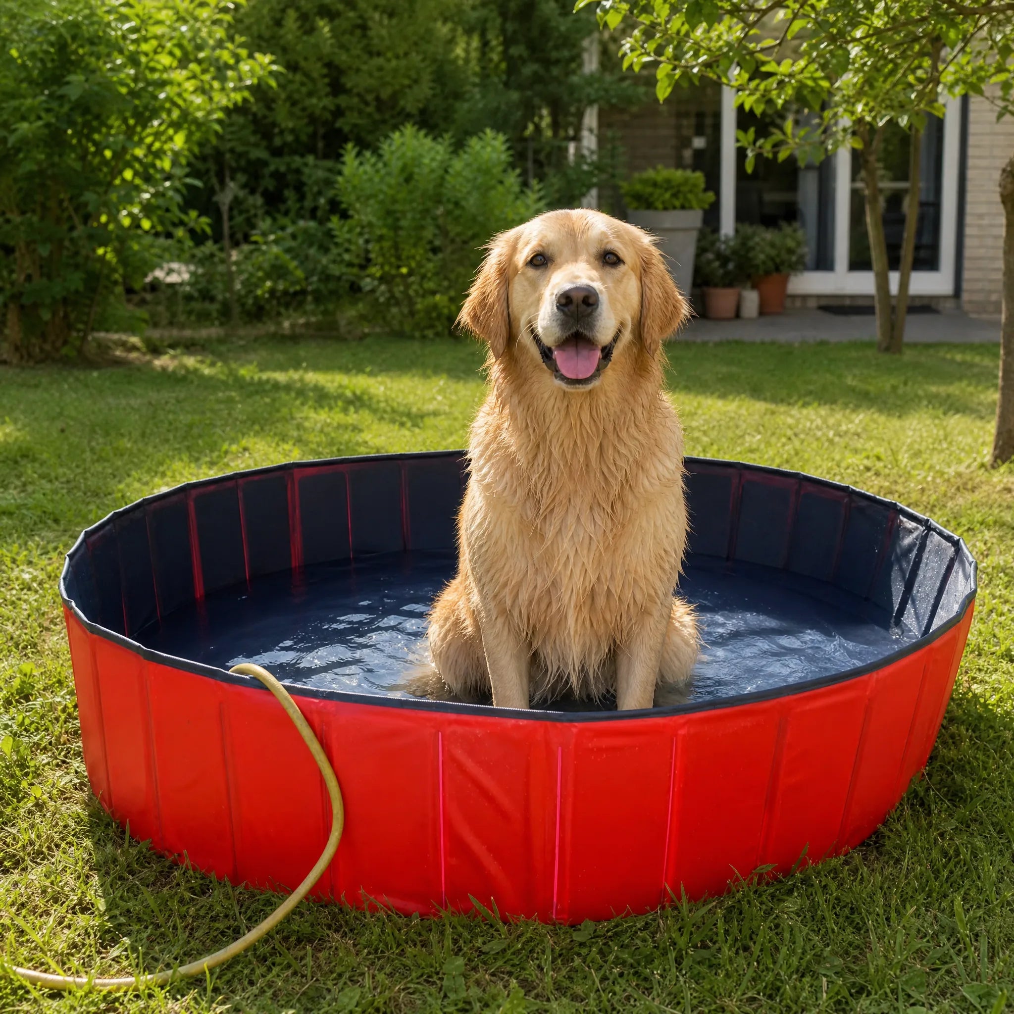 Golden retriever seduto nella piscina pieghevole per cani rossa e blu in giardino