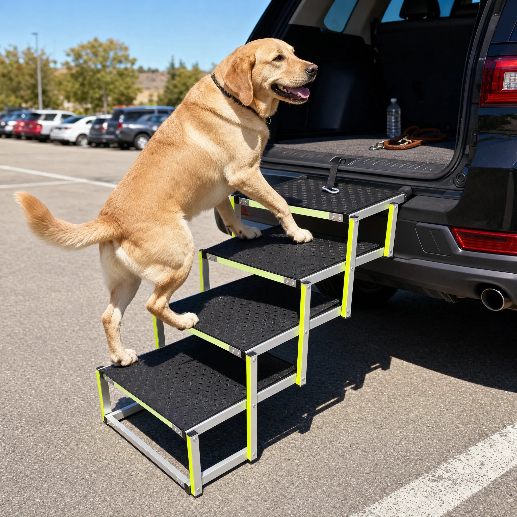 Labrador che sale nel bagagliaio dell auto usando la scaletta pieghevole StepFlex agganciata al portellone