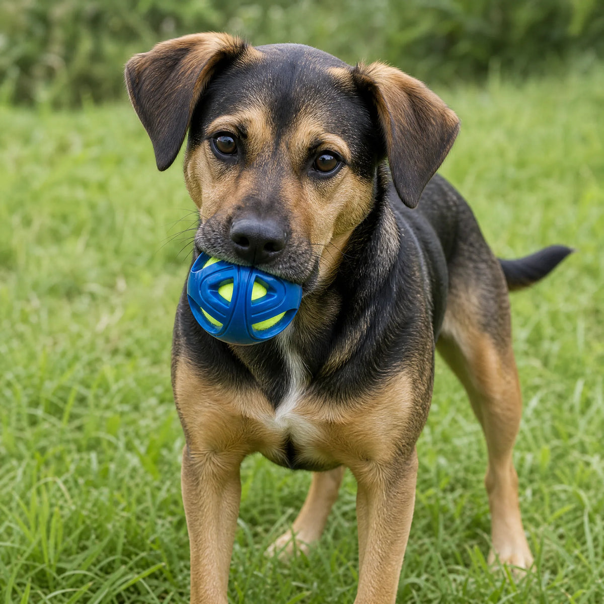 Cane con palla gomma tennis blu in bocca in giardino