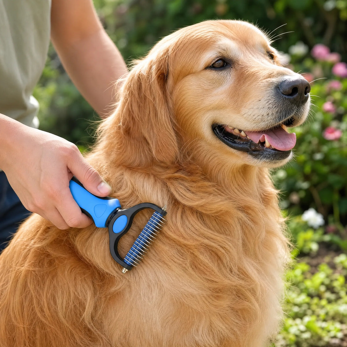 Pettine dematting per cani in uso su golden retriever