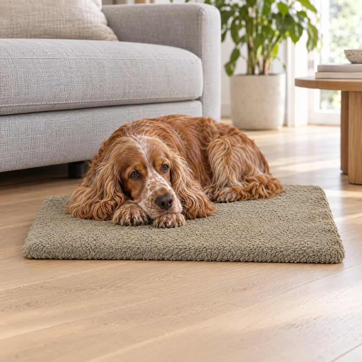 Cocker spaniel sdraiato sul cuscino ortopedico per cani kaki accanto al divano