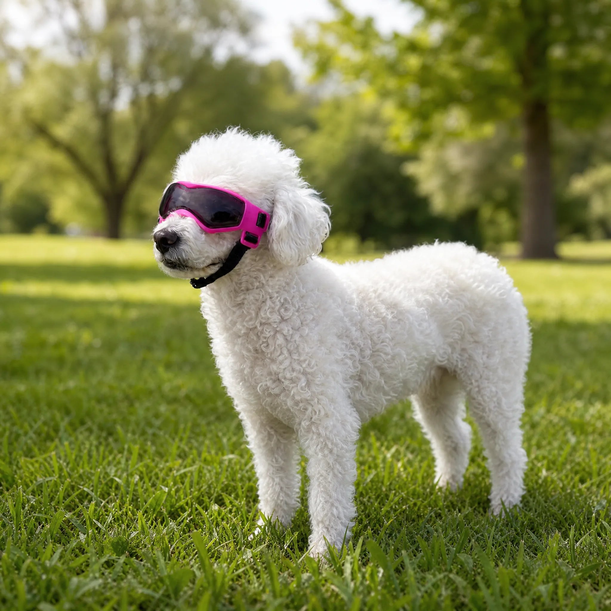 Barboncino bianco con occhiali da sole per cani mascherina rosa in piedi sull erba al parco