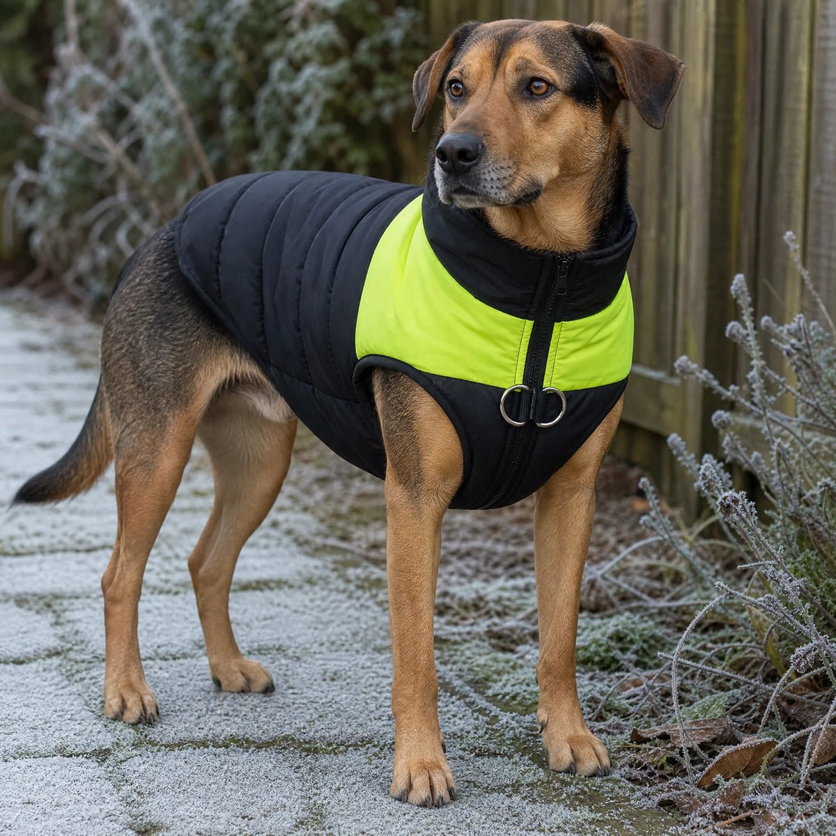 Cane con gilet piumino invernale nero e pannello lime su sentiero invernale