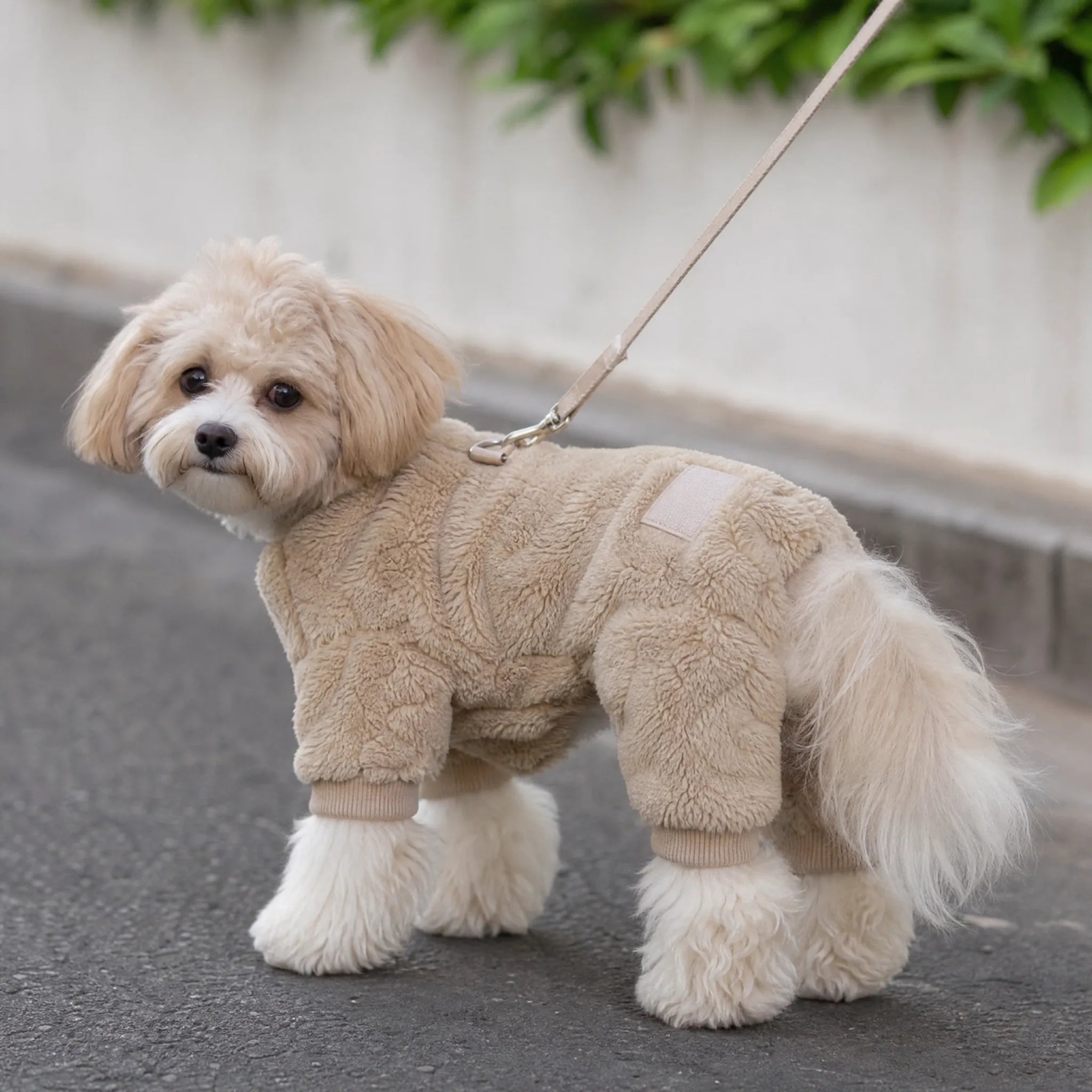 Cane in passeggiata con tuta pile e anello D