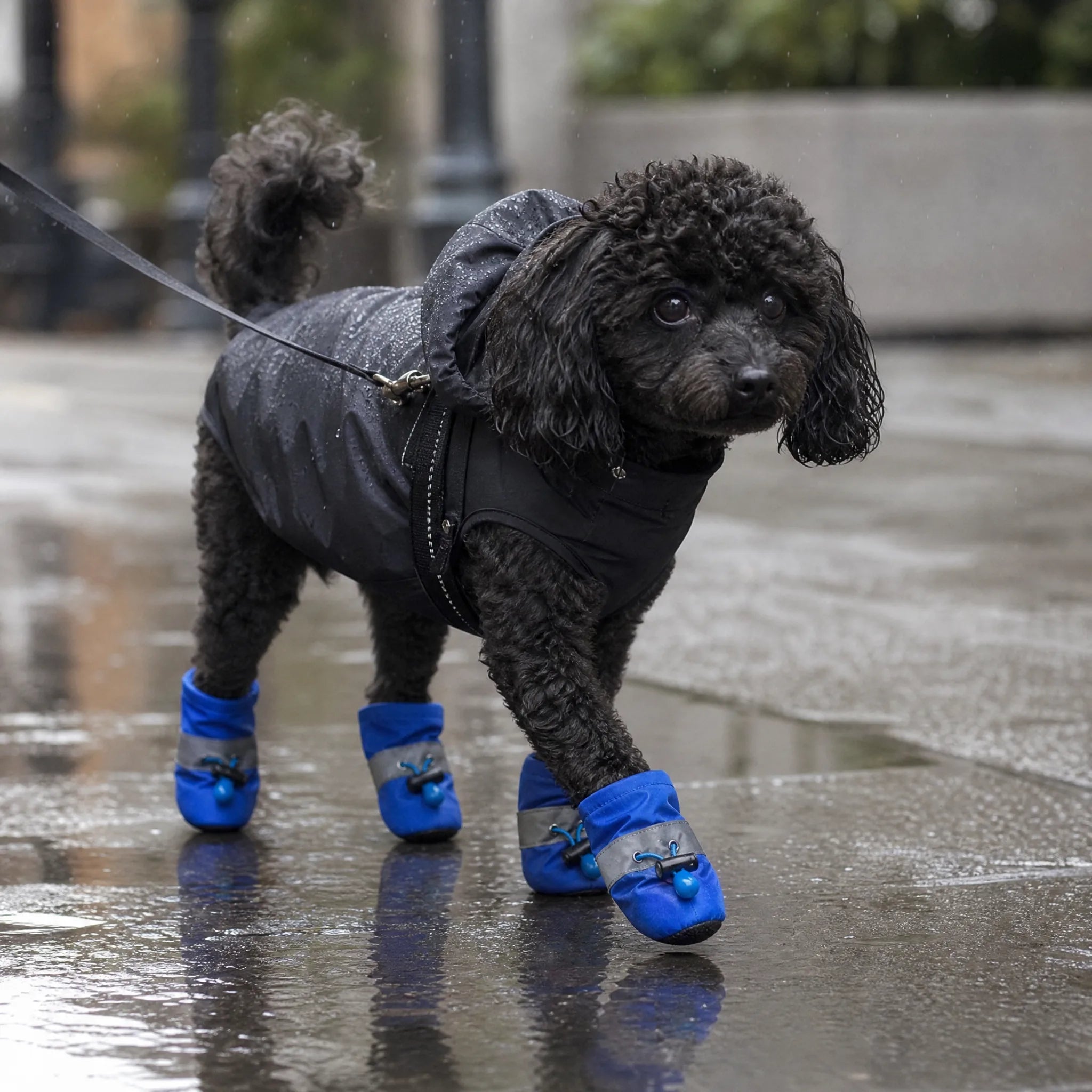 Scarpe per cani antiscivolo - cane con le quattro scarpette blu sotto la pioggia su asfalto bagnato
