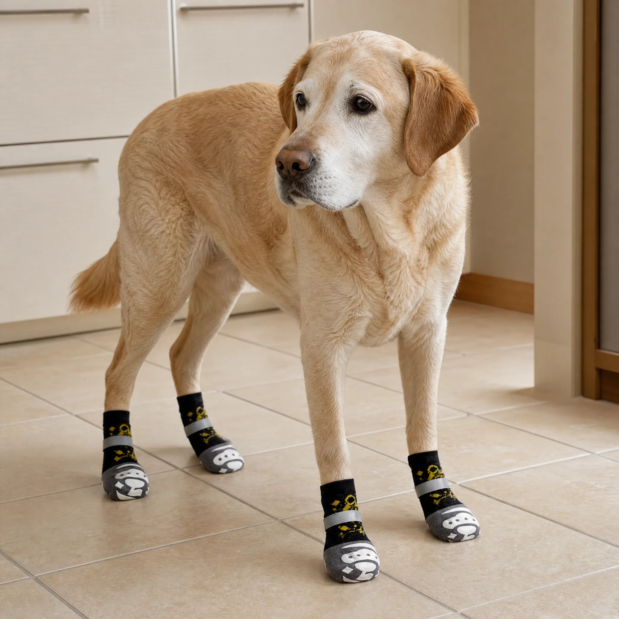 Labrador anziano con calze antiscivolo per cani in cucina