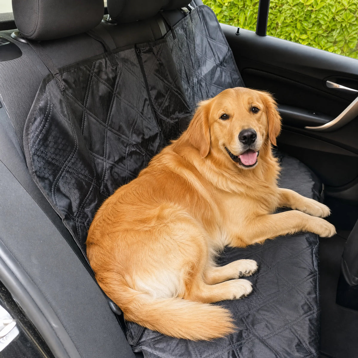Golden retriever sdraiato sul telo auto per cani in configurazione amaca