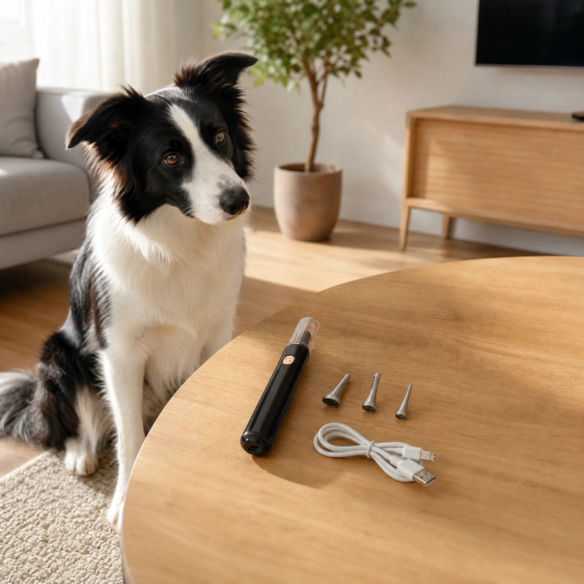 Kit pulizia dentale per cani a ultrasuoni con accessori su tavolo di casa