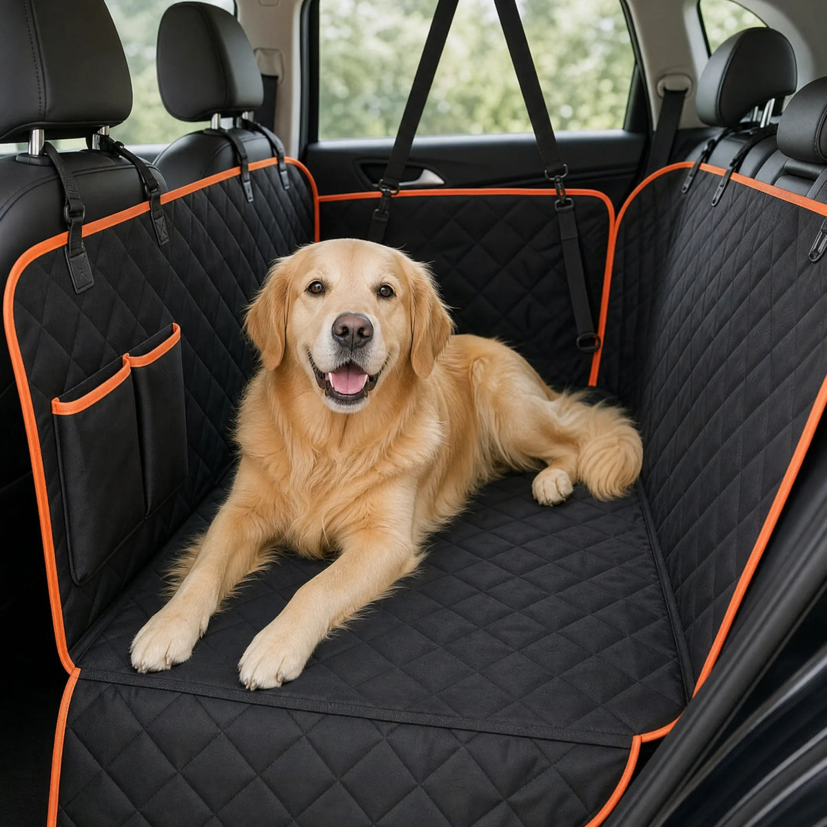 Cane sul coprisedile amaca auto trapuntato nero arancio