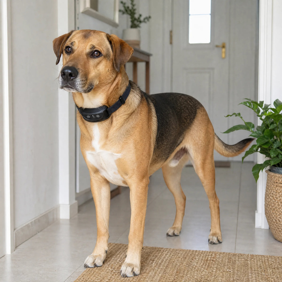 Collare antiabbaio vibrazione indossato dal cane in corridoio