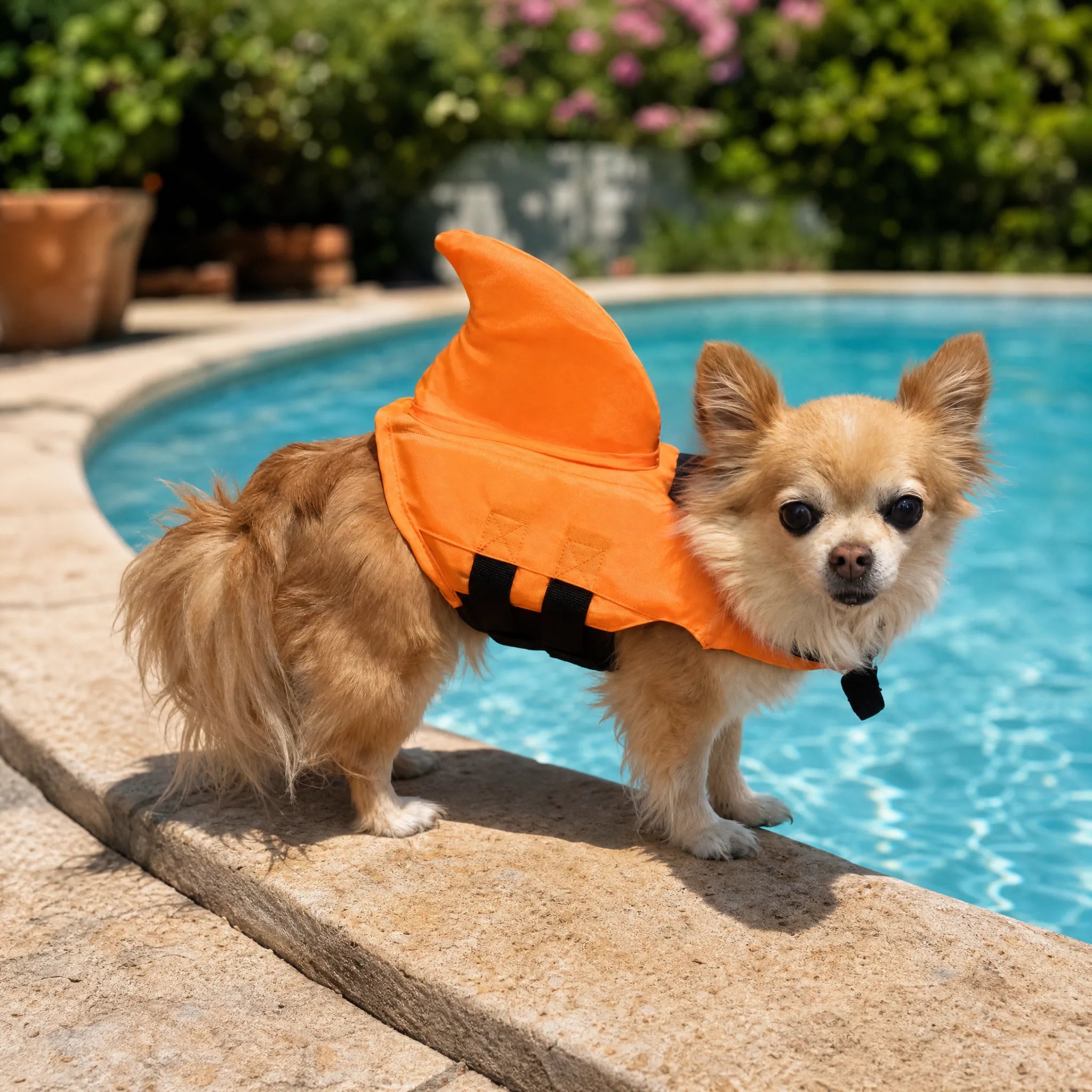 Chihuahua a bordo piscina con salvagente per cani squalo
